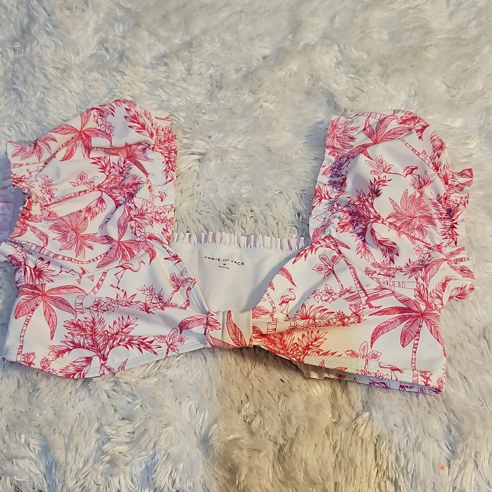 Janie and Jack Girls Swimsuit Size 18 White Pink Tropical Ruffle‎ Two Piece
